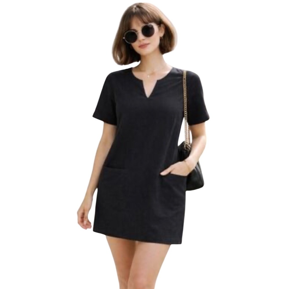 PINCH ANTHROPOLOGIE Black Short Sleeve Front Pockets Shift‎ Dress Large | EUC